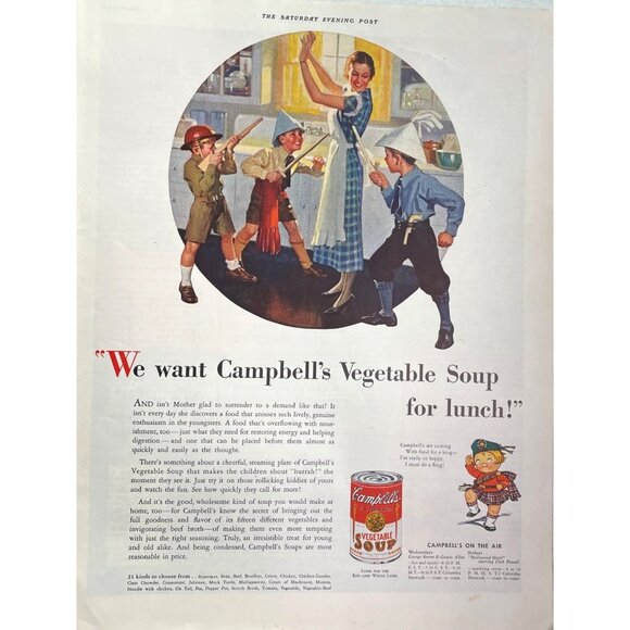 Campbells Vegetable Soup Vintage Print Ad 1936 Cambells on Air u Kids Playing - Picture 1 of 6